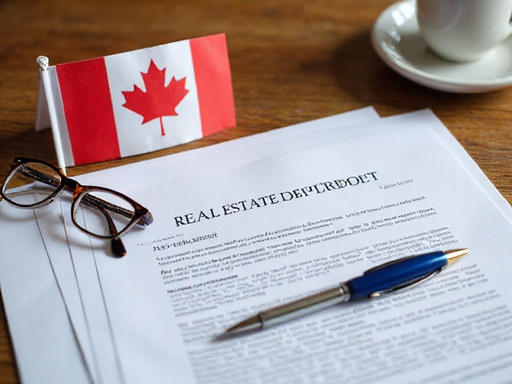 Legal documents and a Canadian flag on a wooden table