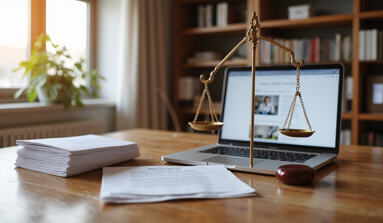 Legal disclaimer illustration showing a balance scale and documents